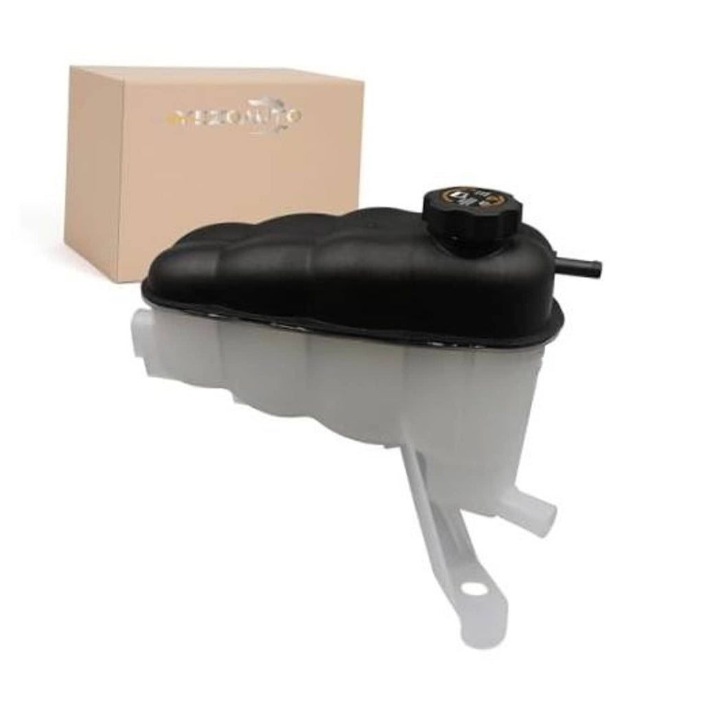 Pressurized coolant reservoir with black cap and side outlet, translucent white tank