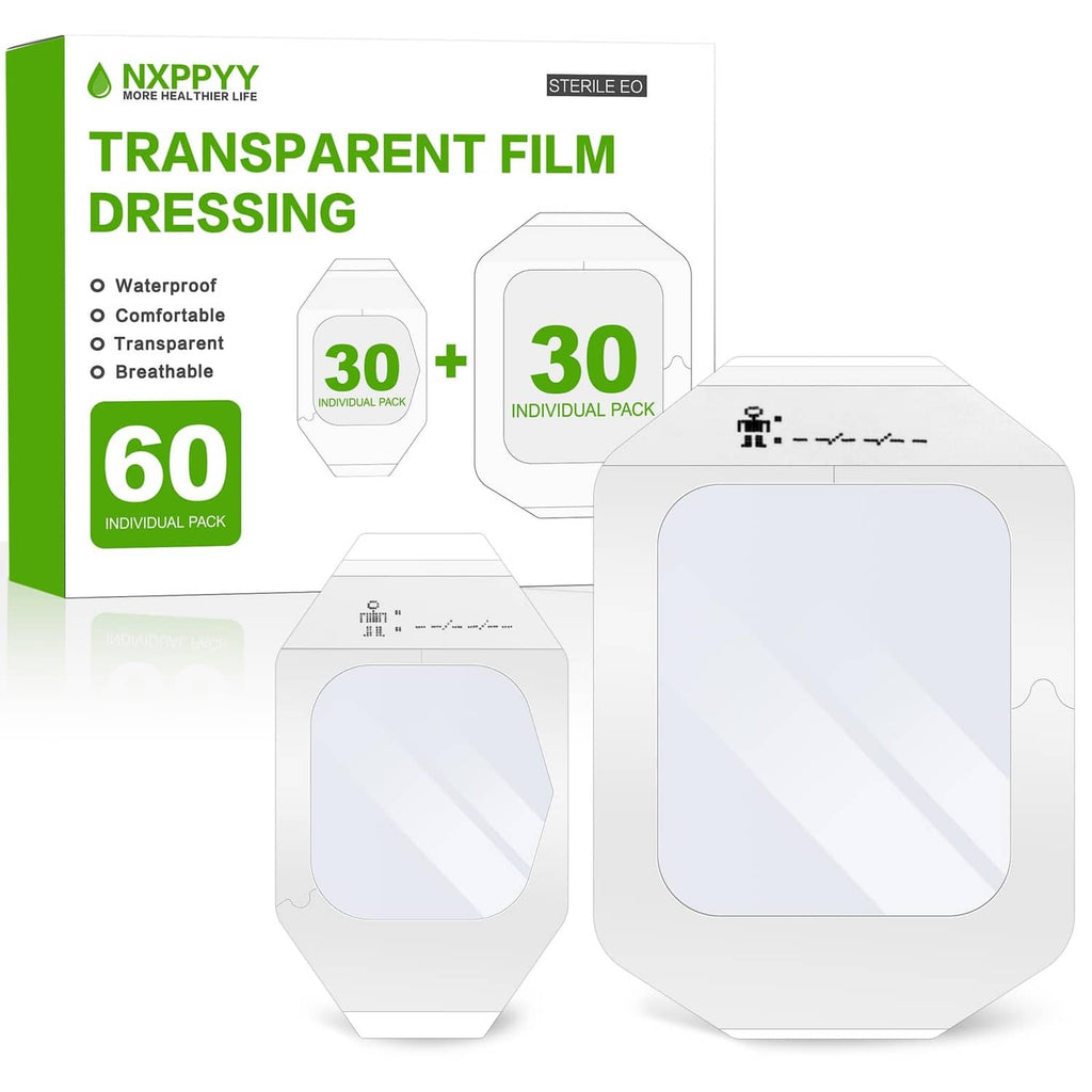 Transparent square film dressing, waterproof white pads, 60-count pack