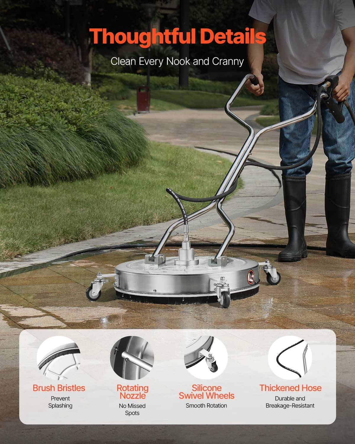 Pressure washer surface cleaner being used on patio with chrome handle and four wheels