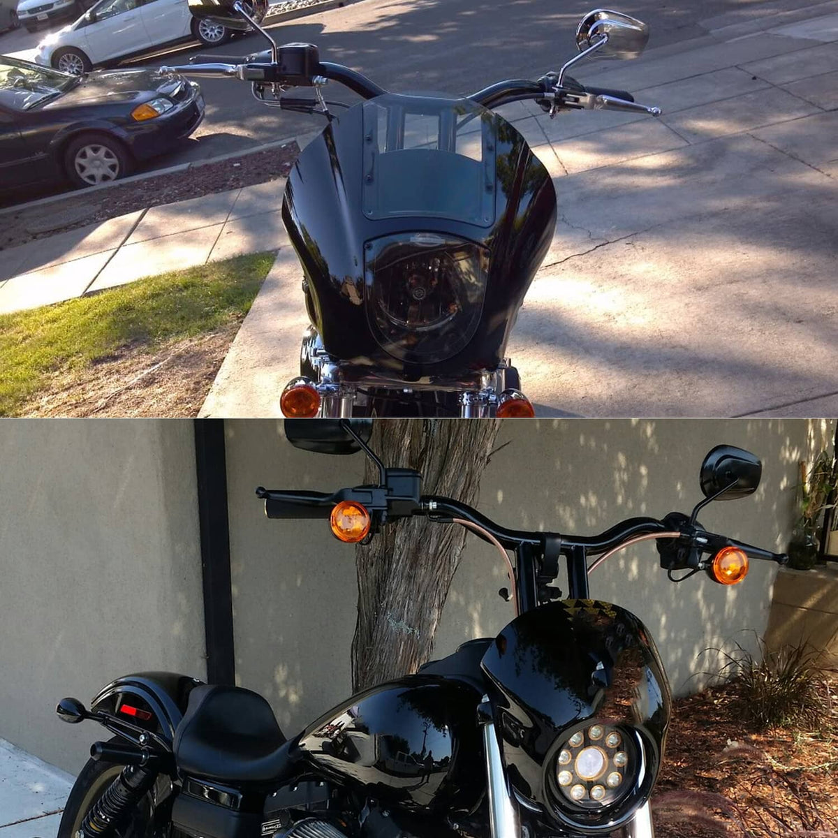Black motorcycle handlebar with T-bar shape and mounted controls on two views