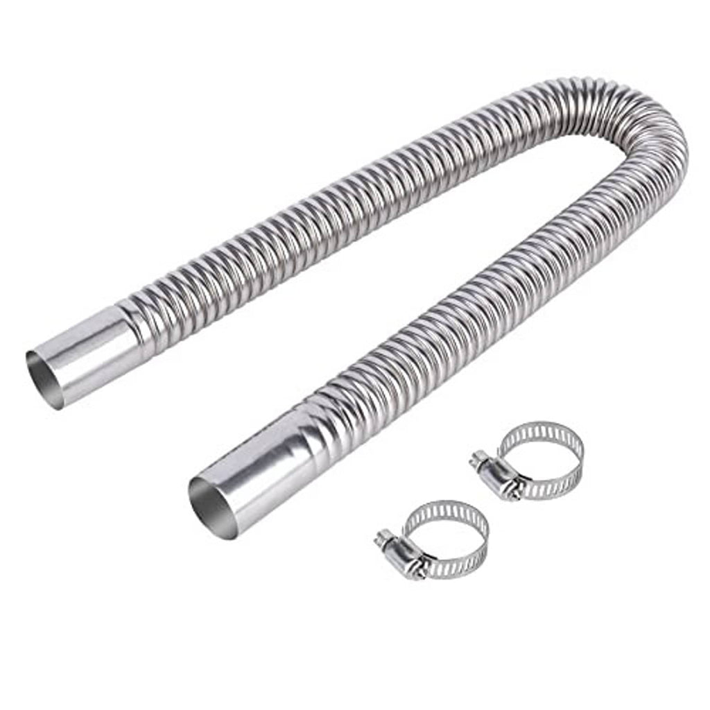 Stainless steel exhaust hose with spring coil, two end tubes, and two mounting clamps
