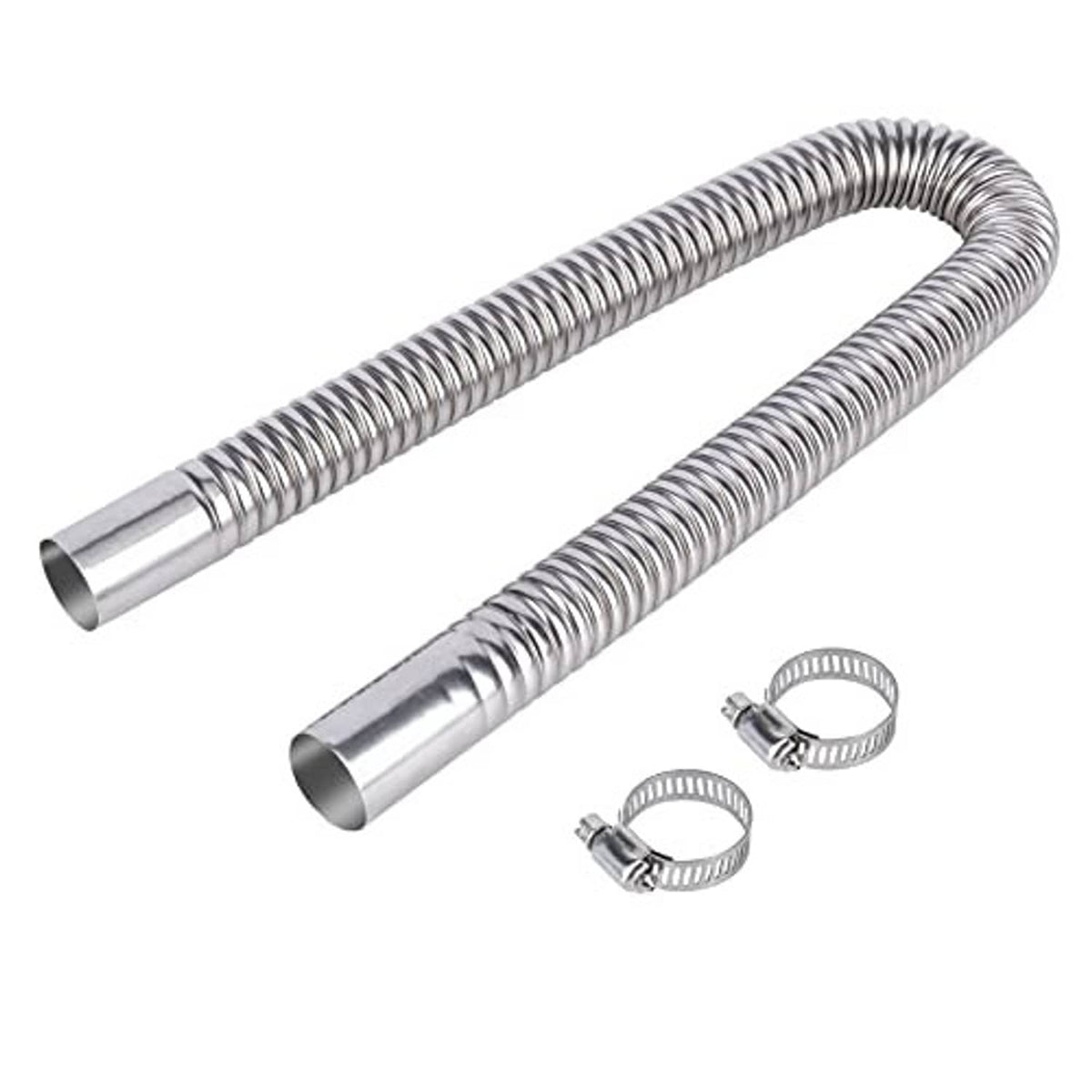 Stainless steel exhaust hose with spring coil, two end tubes, and two mounting clamps