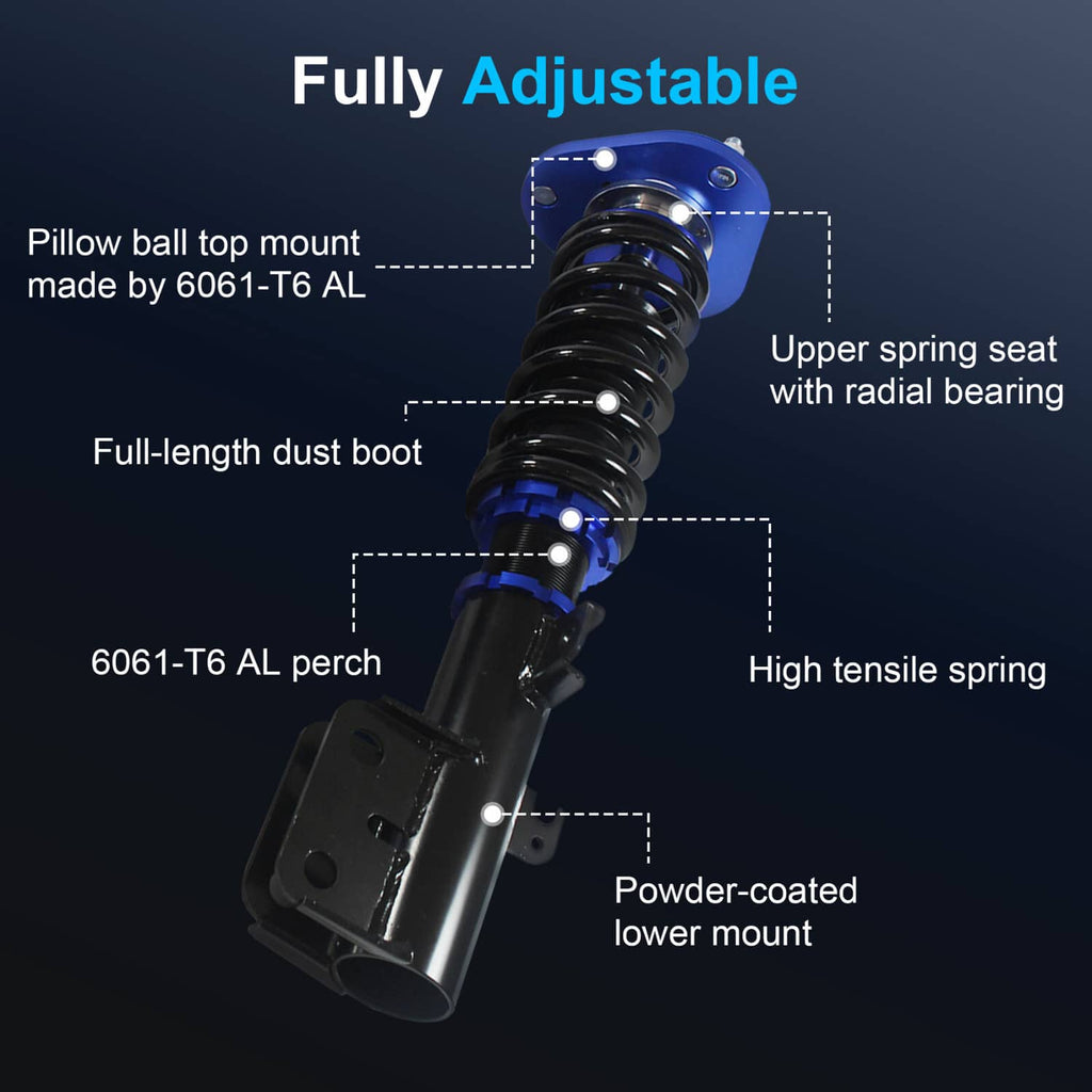 Fully adjustable coilover strut with blue spring seat and black shock body, close-up