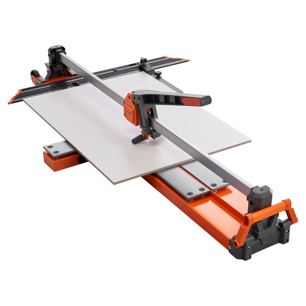 Manual tile cutter with orange frame, black handle, and adjustable guide over tiles