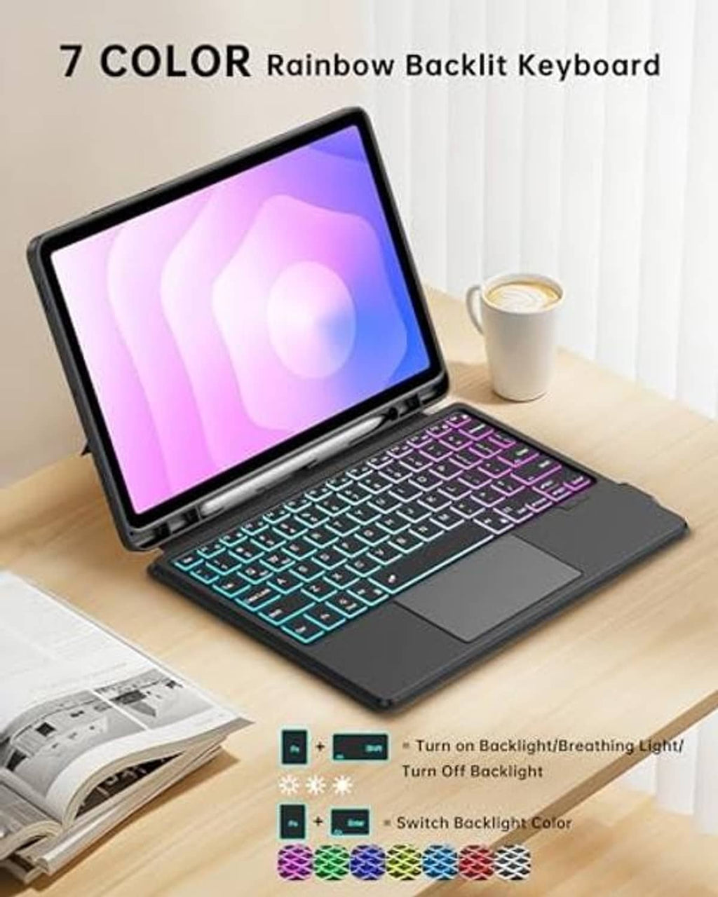 Dark 11-inch keyboard case with rainbow backlit keys on a tabletop stand