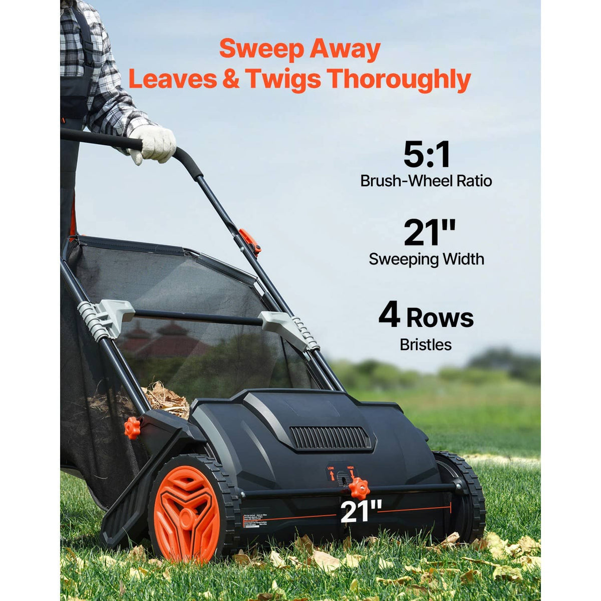 Push lawn leaf sweeper with black hopper bag, orange front wheel, and sweeping frame