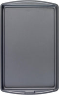 Gray rectangular nonstick baking sheet with raised rim, 17 x 11 inch