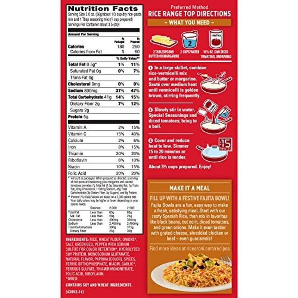 Rice-a-roni Spanish rice dinner mix back panel with Nutrition Facts and cooking directions