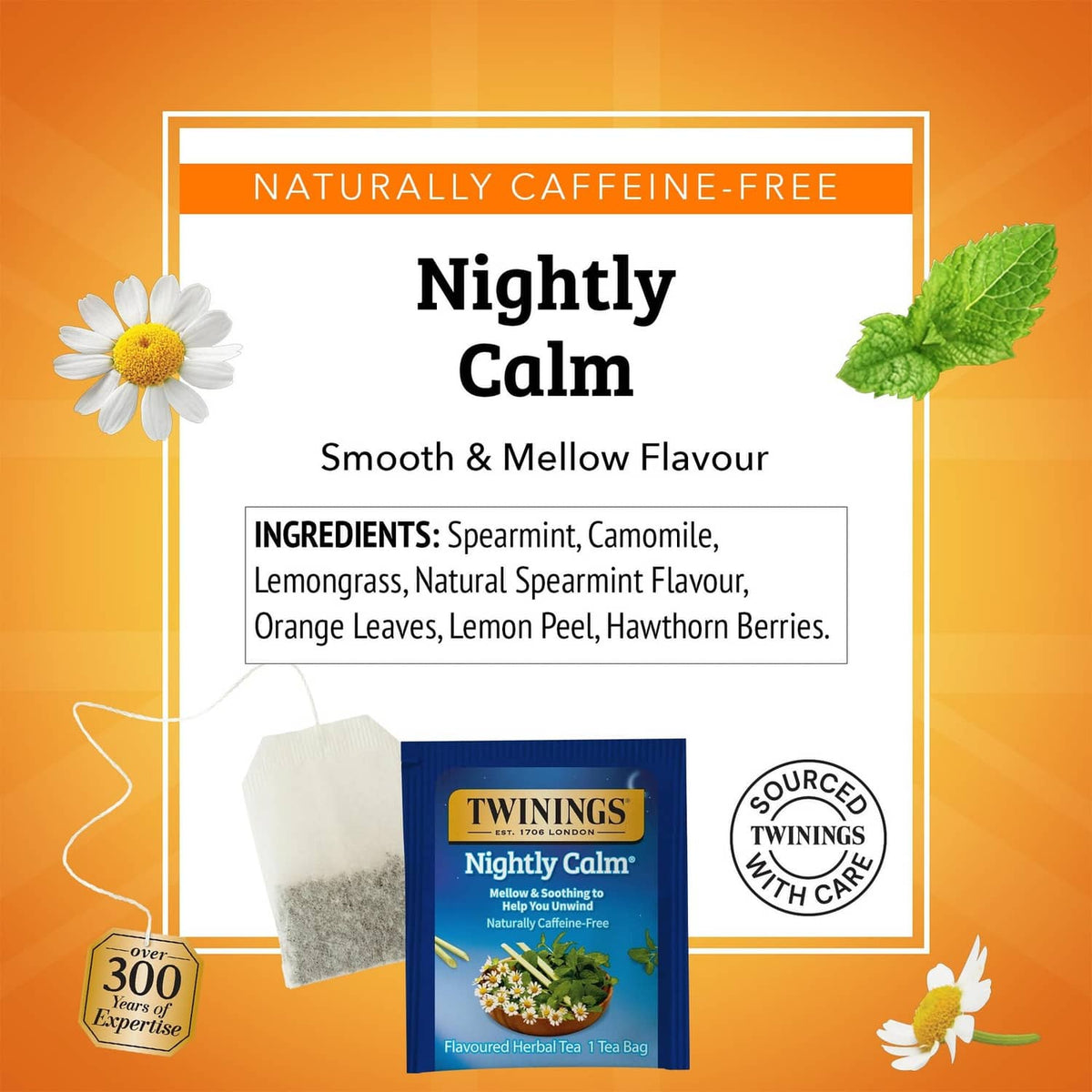 Twinings Nightly Calm tea bags box, naturally caffeine-free with ingredient list