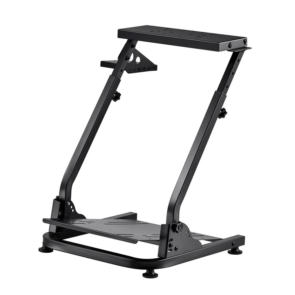 Foldable racing wheel stand frame with pedal platform and wheel mounting bracket