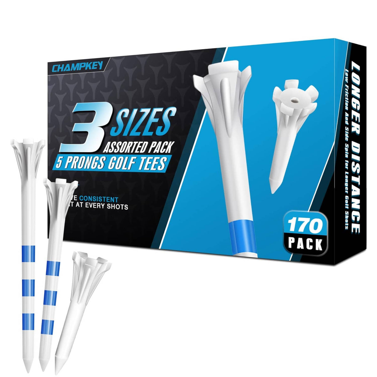 CHAMPKEY 170-pack box showing white 5-prong golf tees with blue striped shafts