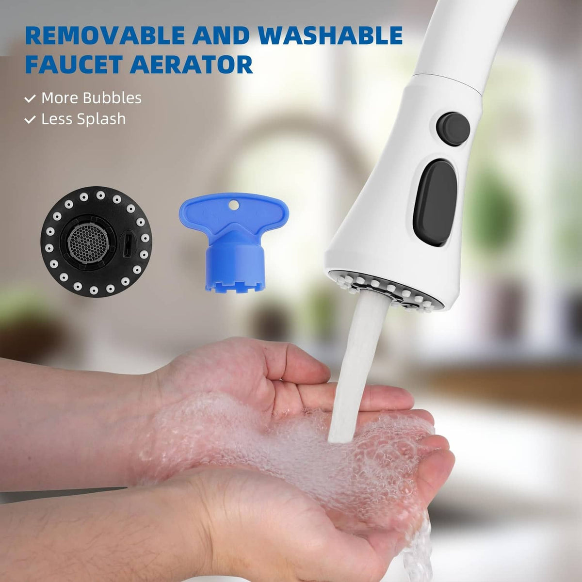 White pull-down spray head with removable aerator for gentler, lower-splash flow