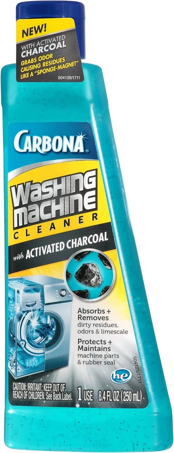 Washing machine cleaner bottle angled view, blue cap and charcoal odor-removal label