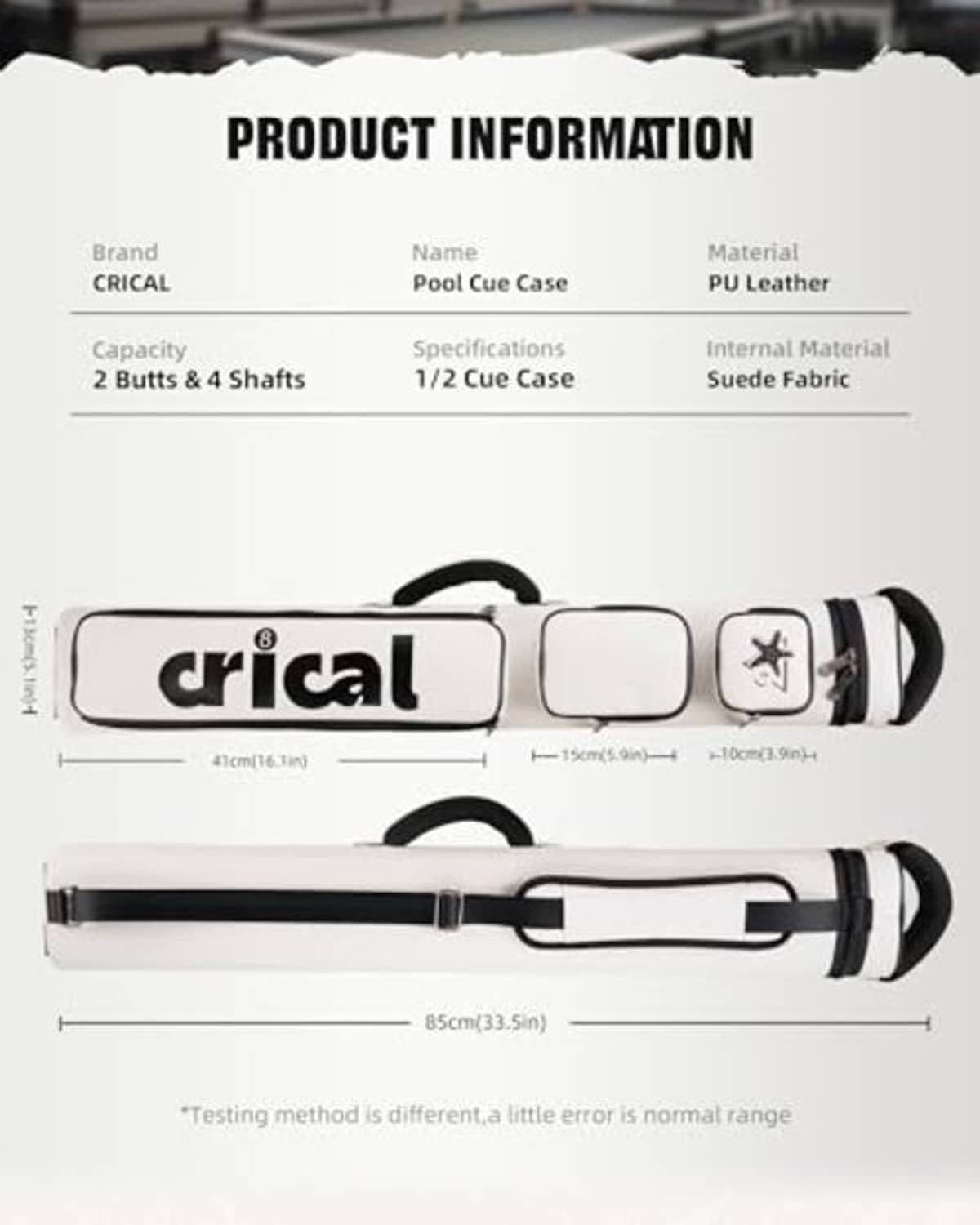 White pool cue case with black-trim compartments and padded interior sections, end view