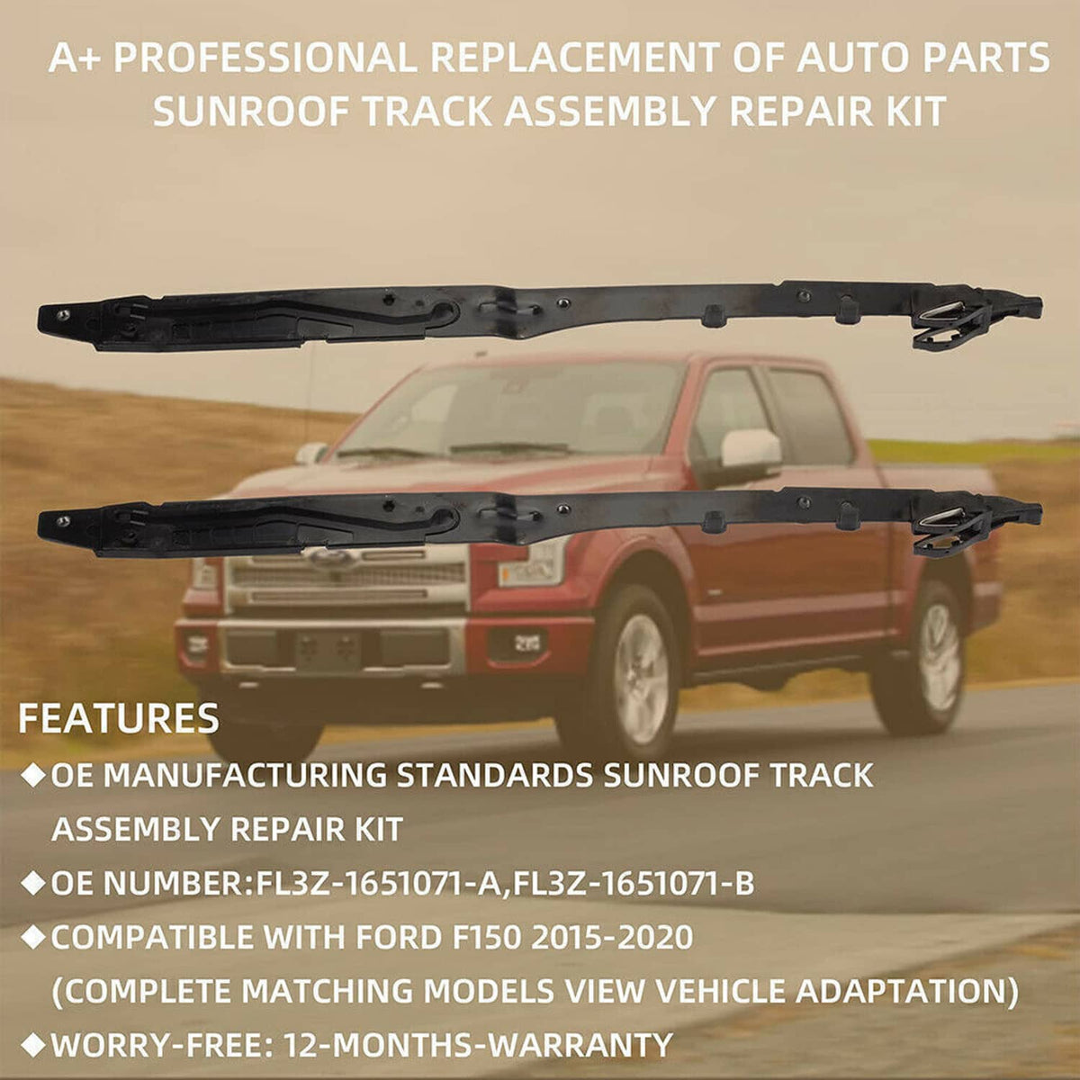 Sunroof track guide rail repair kit with two black rails shown