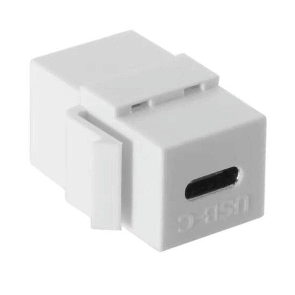 USB-C keystone jack insert, white keystone form with black USB-C port, close angle