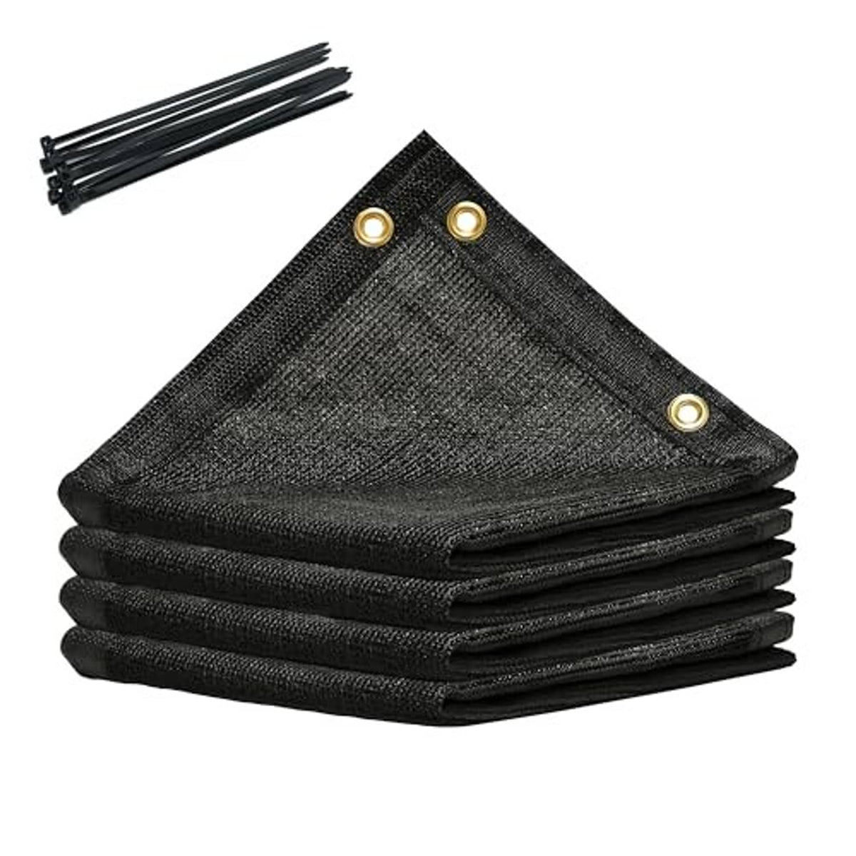 Black shade cloth tarp stack with reinforced corner grommets and included fastening rods
