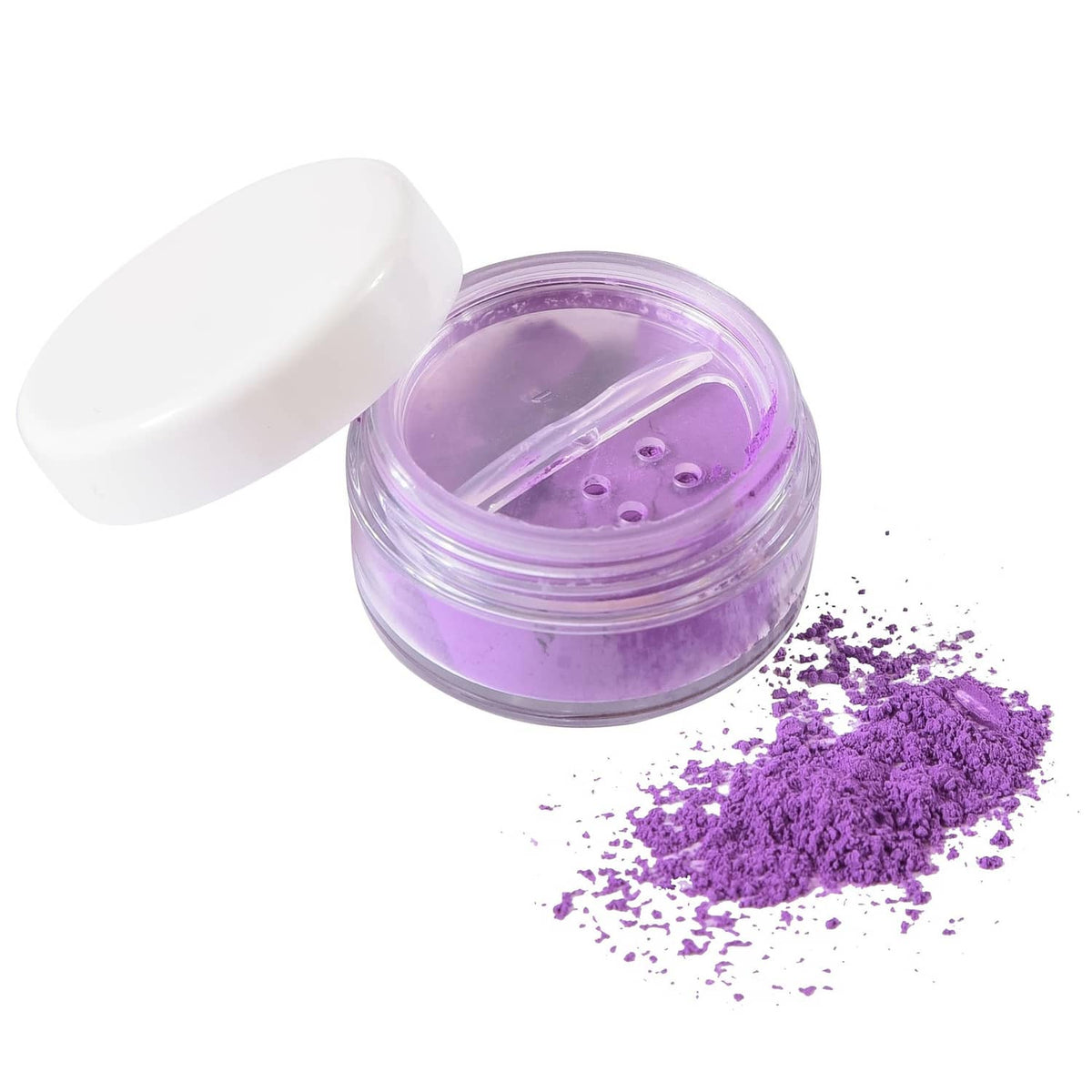Purple mineral makeup shimmer powder in open jar with scattered glitter