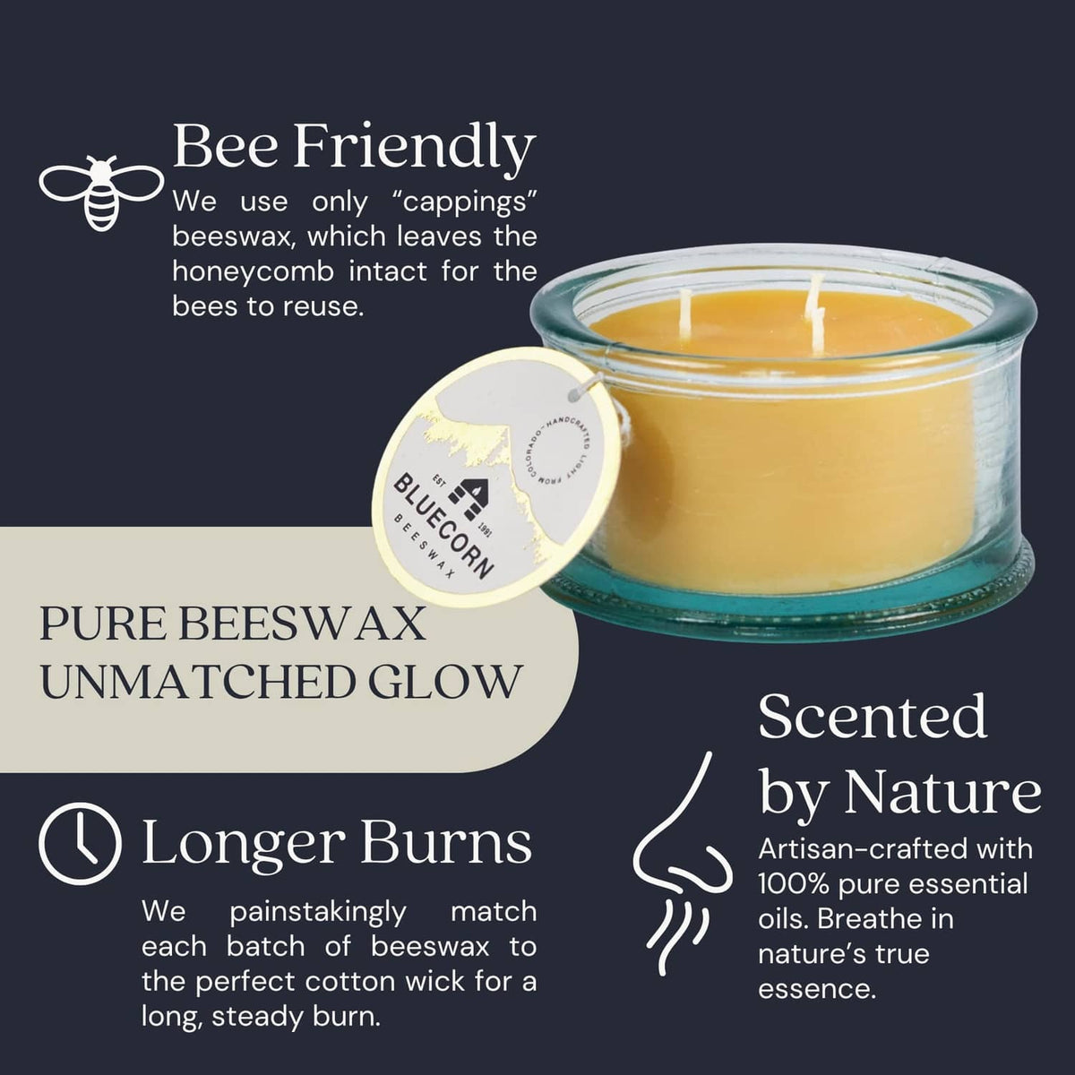 Lavender 3-wick beeswax candle in green glass jar with Bee Friendly badge