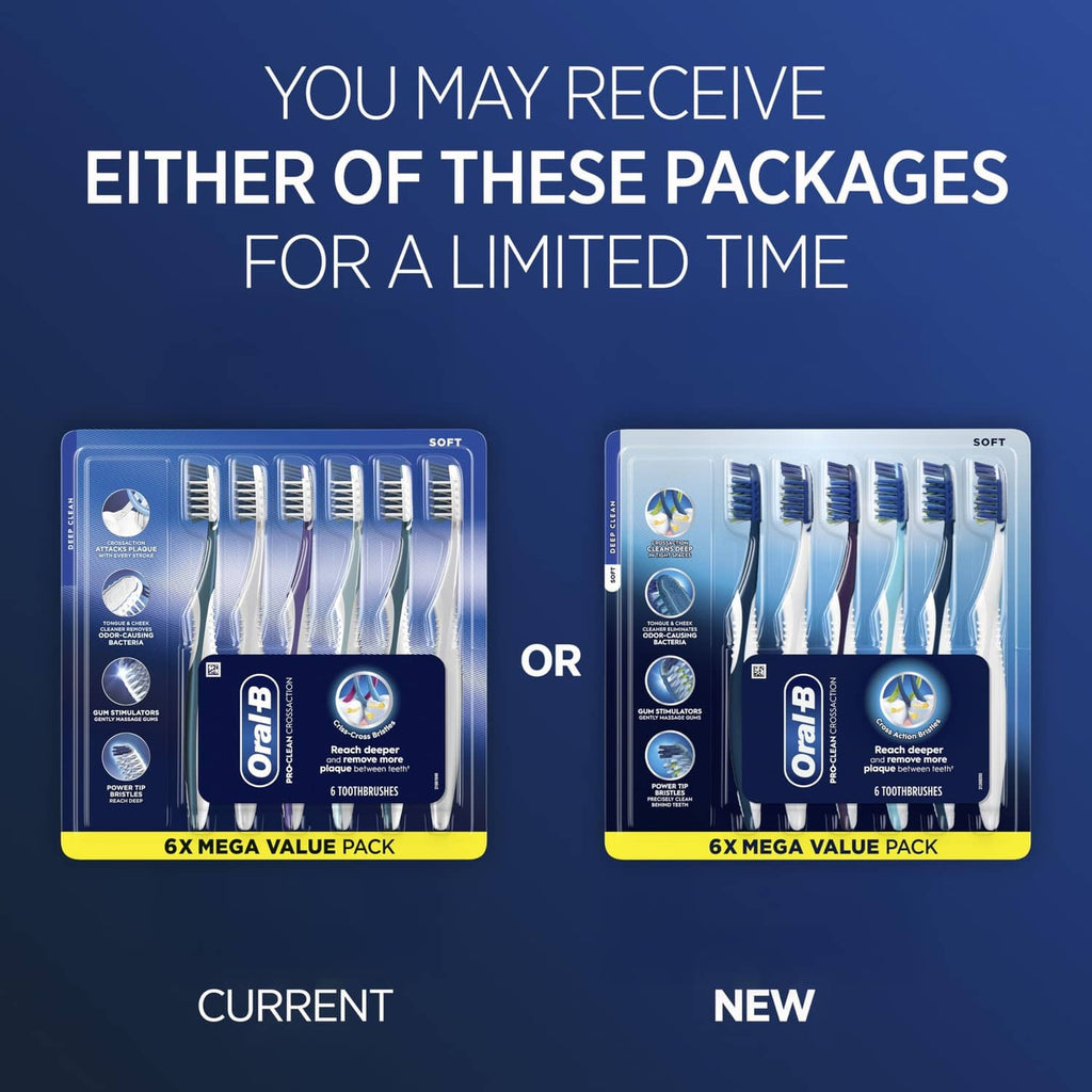 Toothbrush pack option display, blue-handled soft bristles in tray