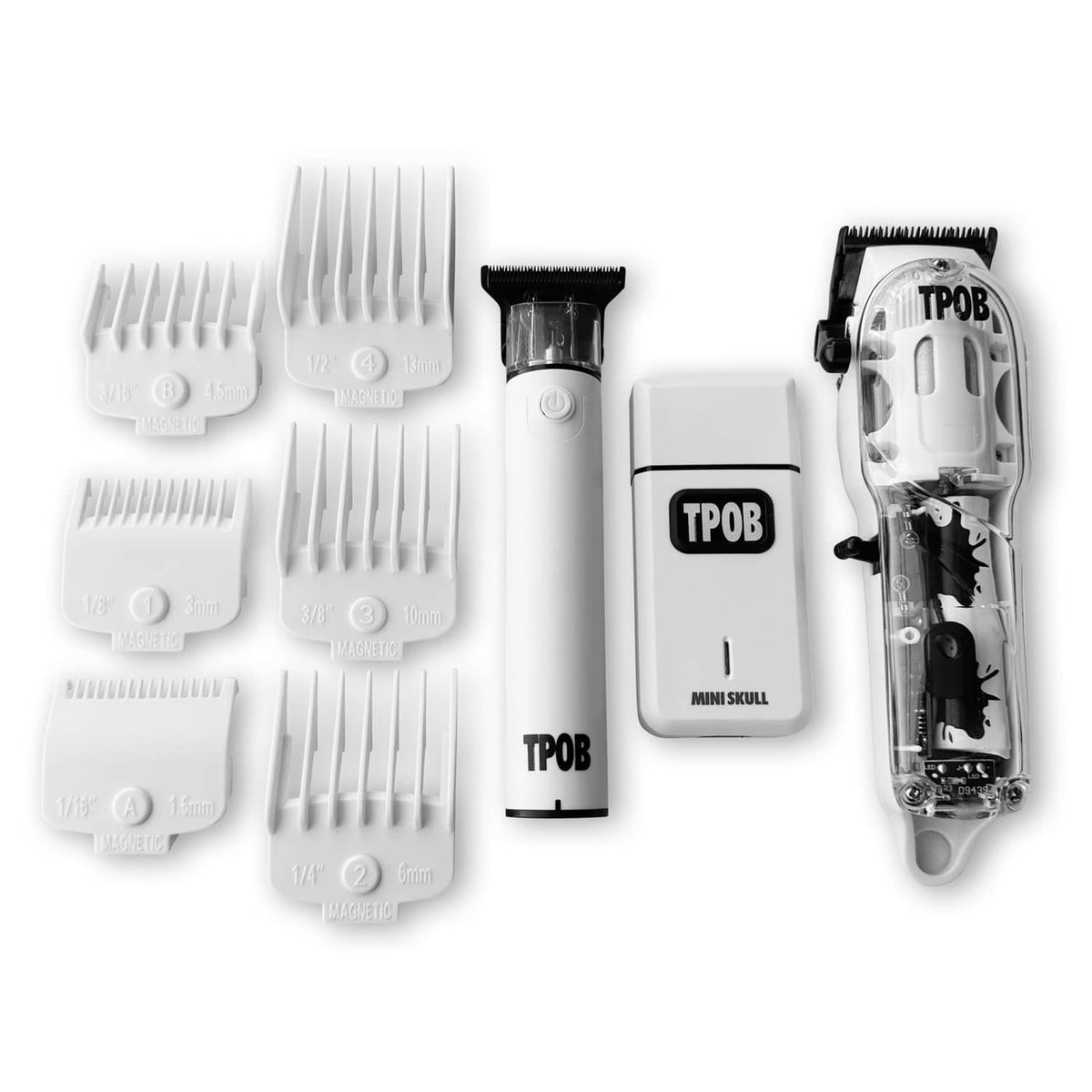 Men's TPOB hair clipper trimmer set with multiple white guard combs and open trimmer
