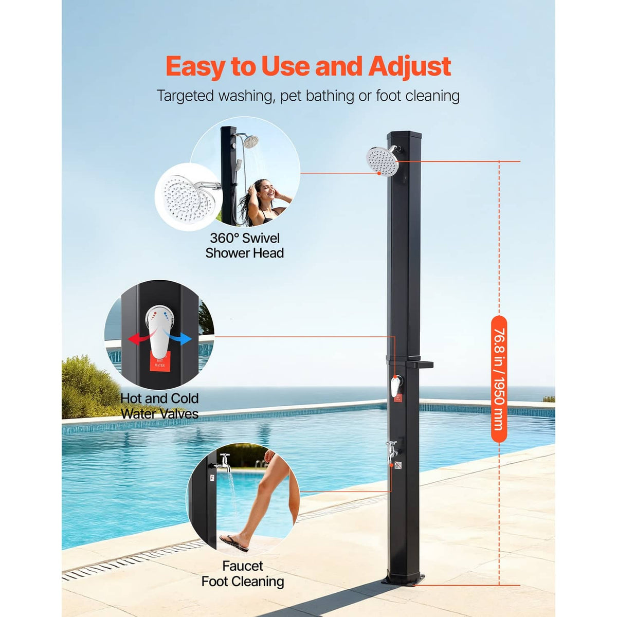 Outdoor solar shower stand with 360° swivel shower head and foot cleaning faucet