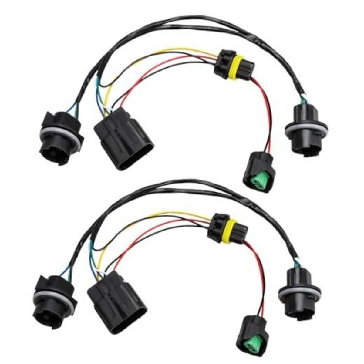 Front headlamp wiring harness with black socket connectors and multi-color wire leads