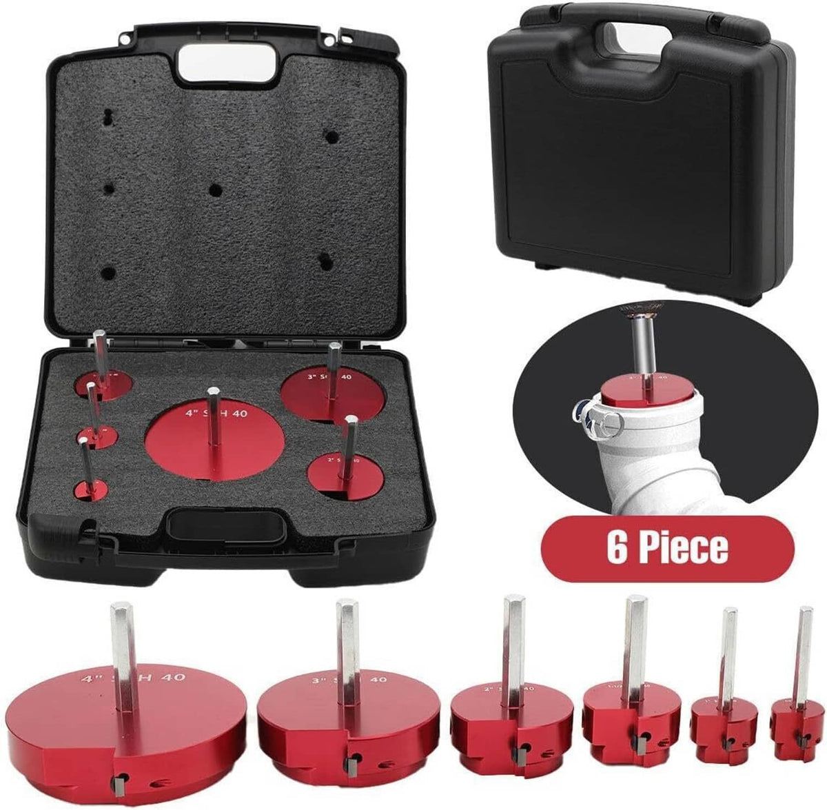 Pipe fitting reamer kit with black case and multiple red reamer head pieces