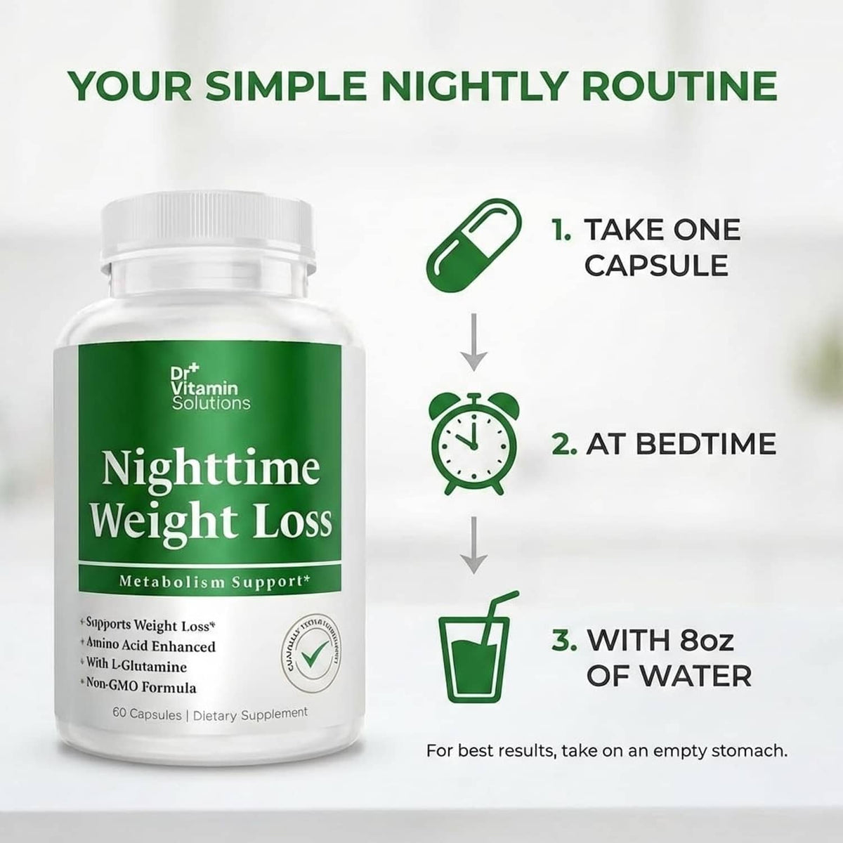 Nighttime weight loss supplement bottle with simple nightly routine steps