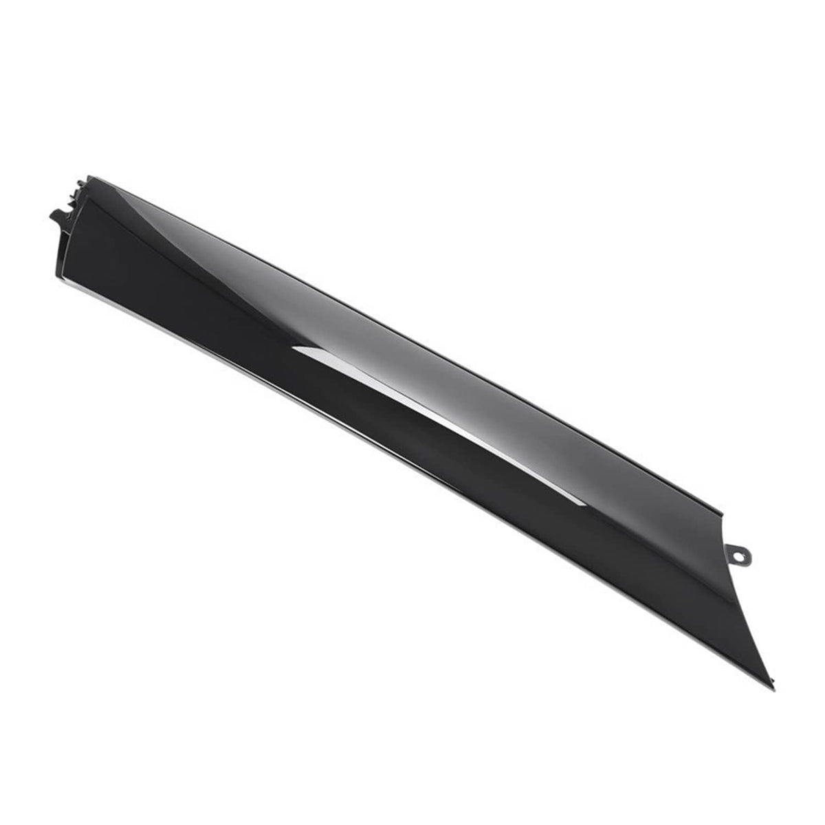 Windshield pillar trim molding, dark glossy finish with long silver inlay stripe