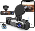 3-channel dash cam with front and rear cameras, suction mount, and dual lenses
