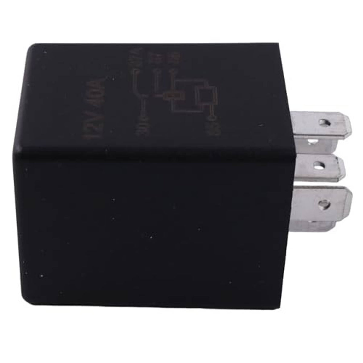 Black time delay relay with metal mounting tabs on the side, cube housing