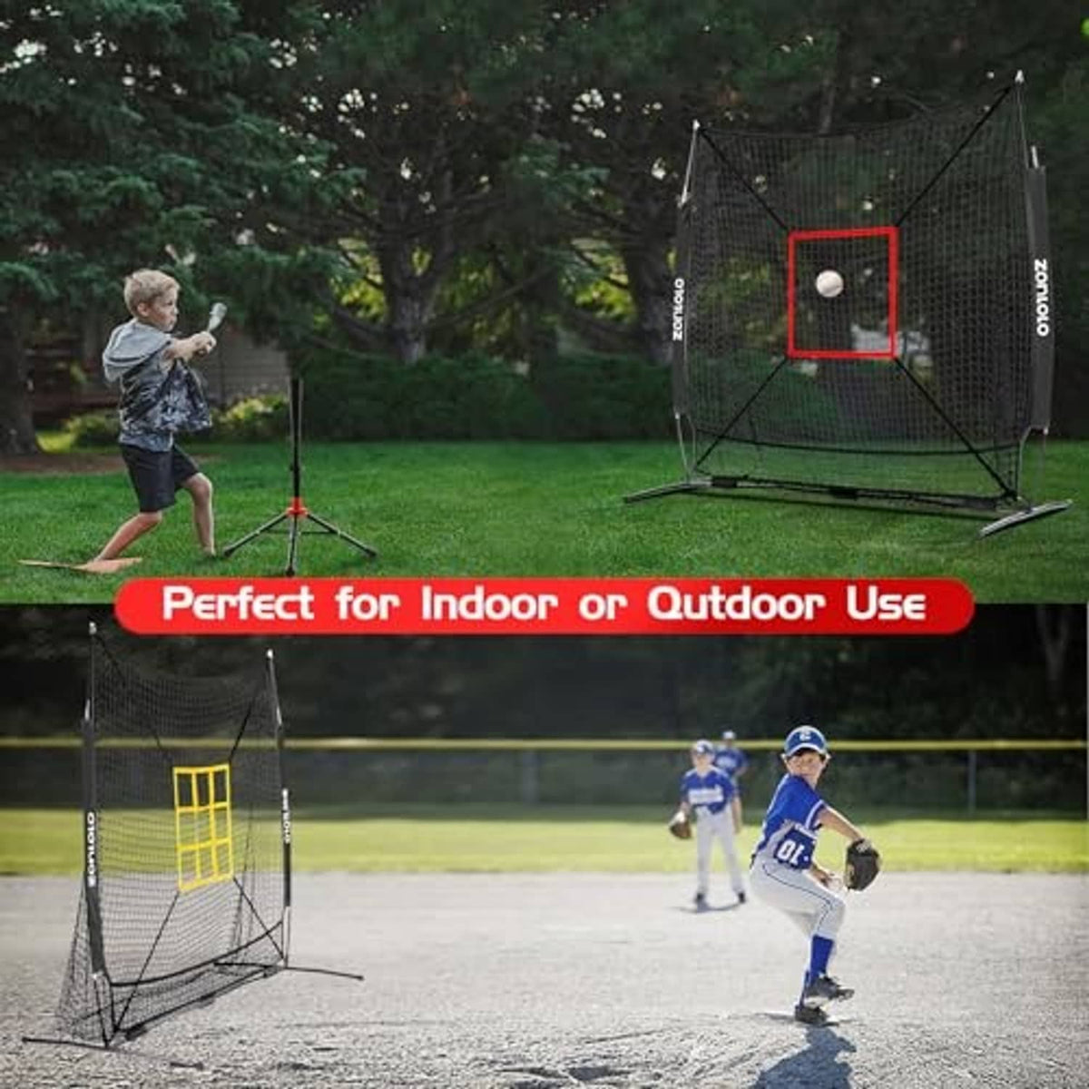 Softball batting practice net on tripod stand, white mesh with red square strike target