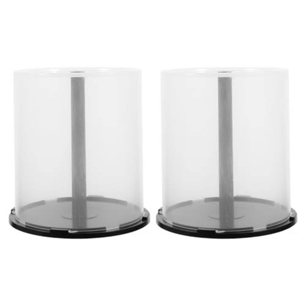 Two clear CD/DVD spindle storage cases with central hubs and dark base rings (empty)