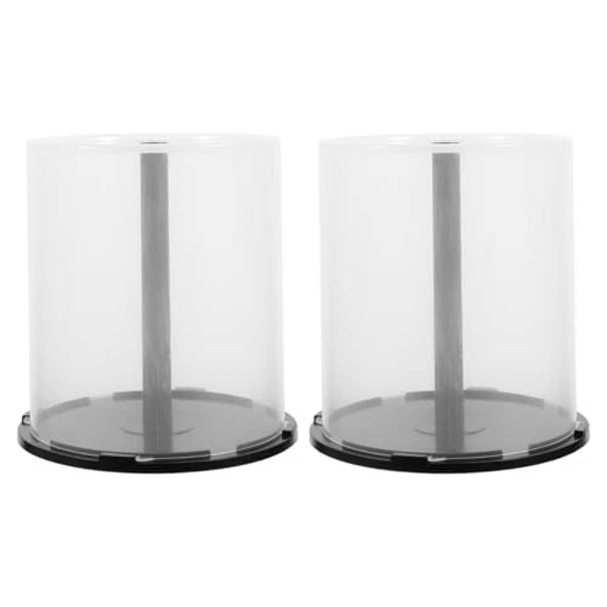 Two clear CD/DVD spindle storage cases with central hubs and dark base rings (empty)