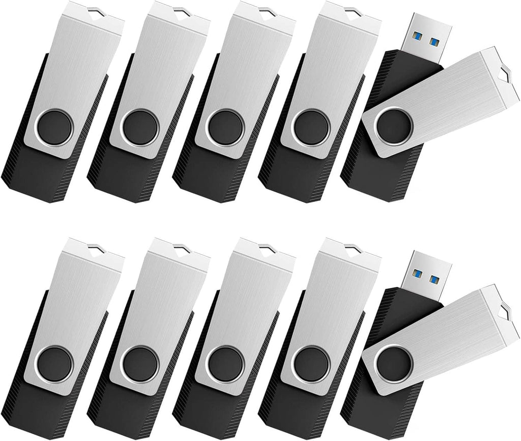10-pack USB 3.0 flash drives with silver metal tops and black housings, circular ports