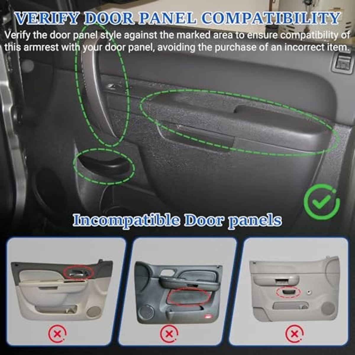 Door panel fit check graphic with outlined armrest area for passenger-side installation