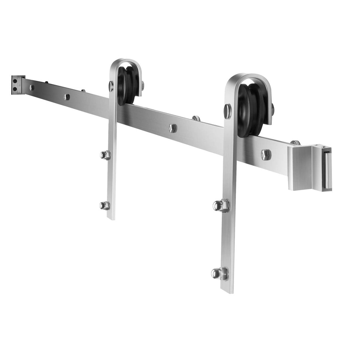 Two hanging roller assemblies and track brackets for a sliding barn door system