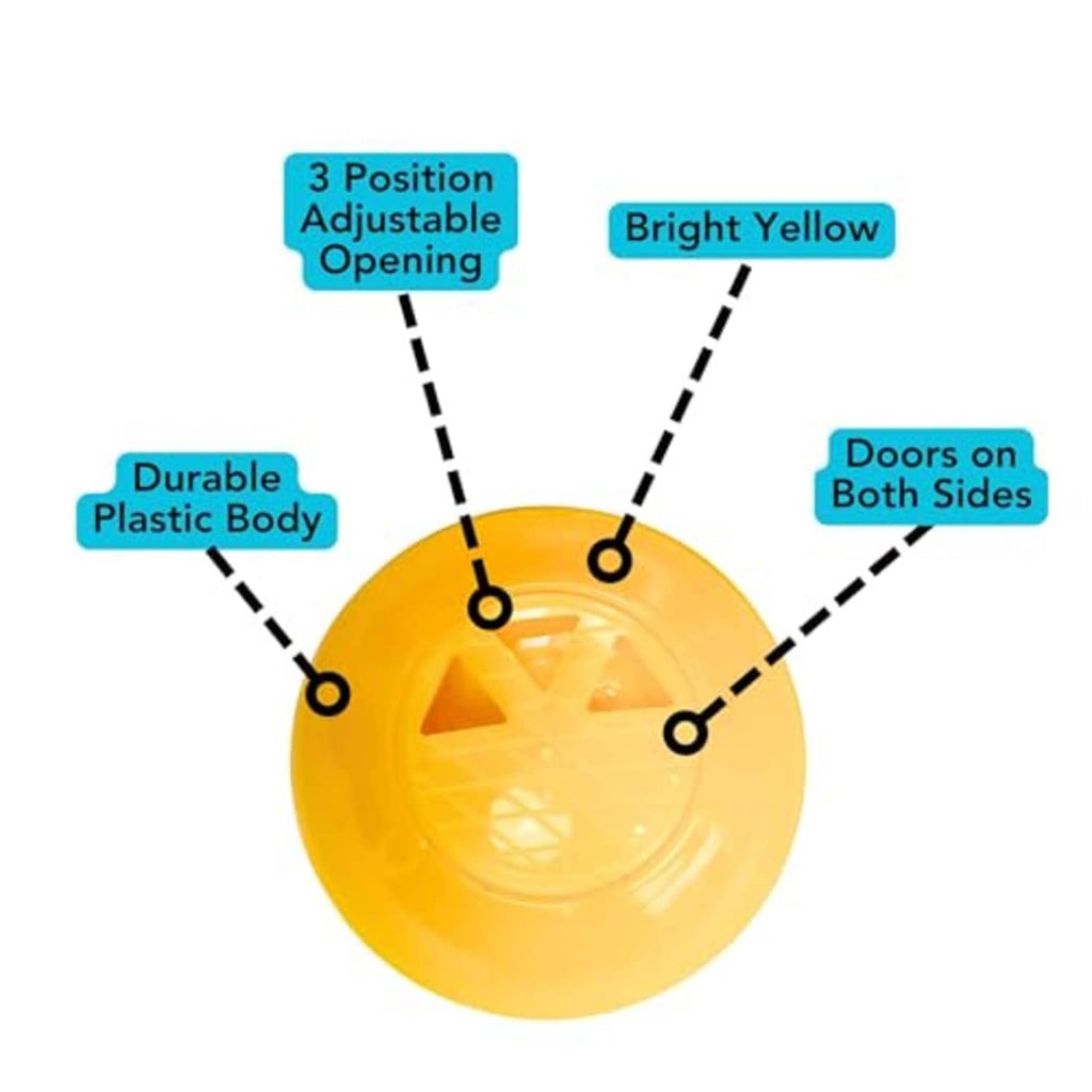 Bright yellow 1-inch deodorizer sphere with star logo, shown in product diagram.