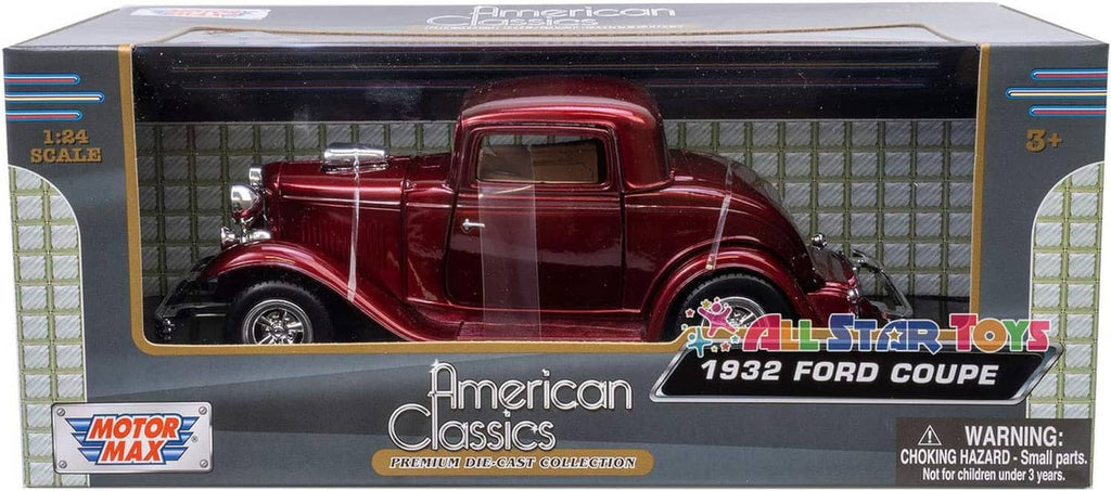 Boxed red 1932 Ford coupe diecast model car, retail package with clear window.
