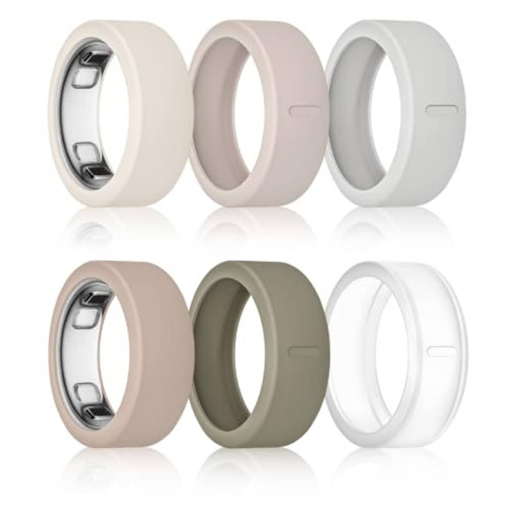 Oura Ring 5 ring cover set of six, silicone sleeves in beige, taupe, sage, and white-gray