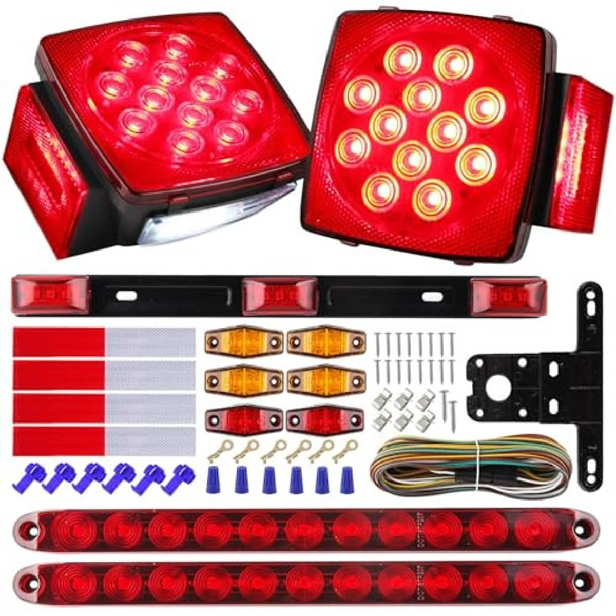 12V LED trailer light wiring kit with square red stop/turn lights, bar, and mounting parts