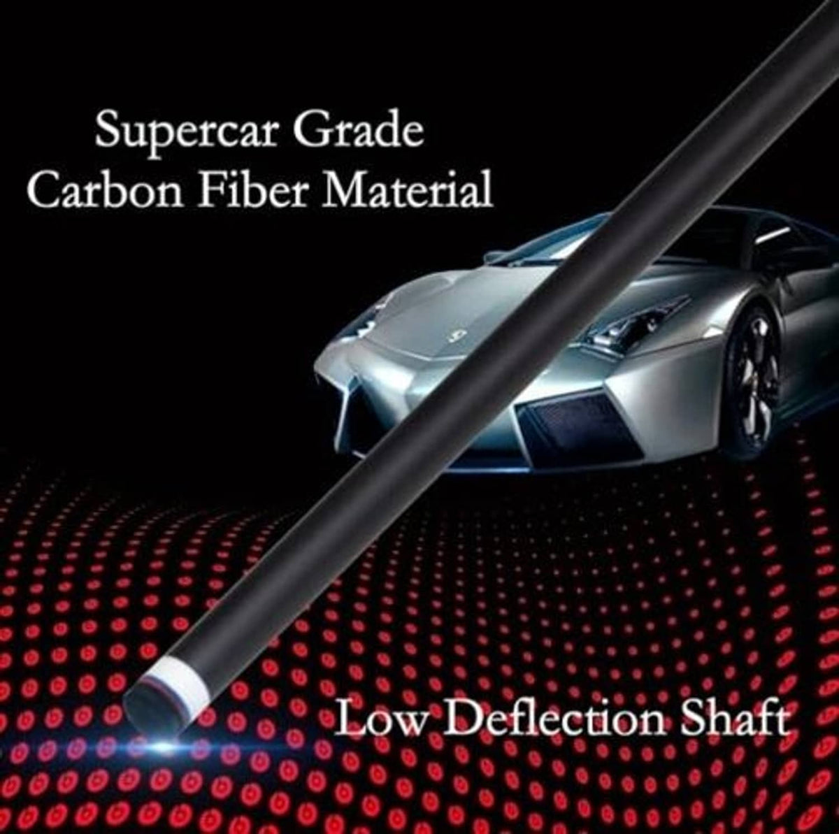 Black low-deflection carbon-fiber pool cue shaft with silver-toned ferrule tip