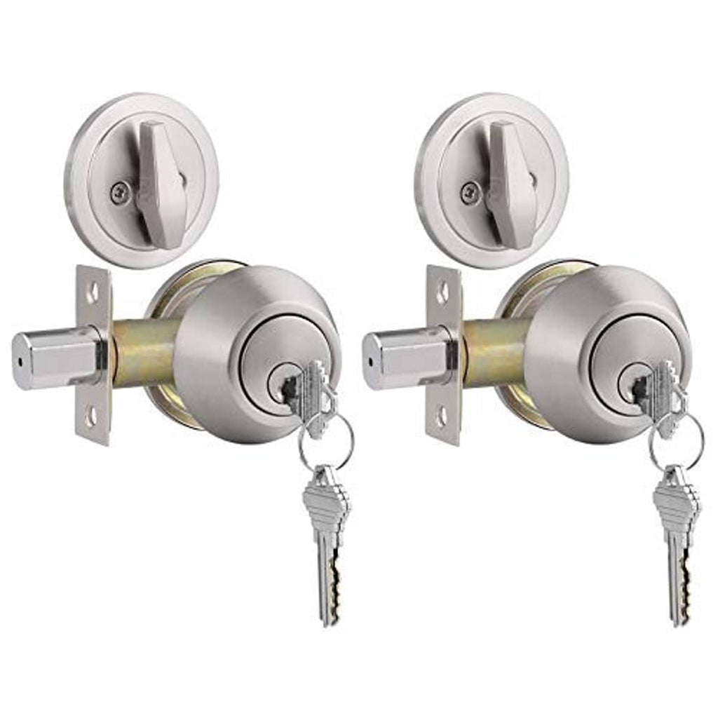 Satin nickel single-cylinder deadbolts, two-pack, shown with keys and mounting plates