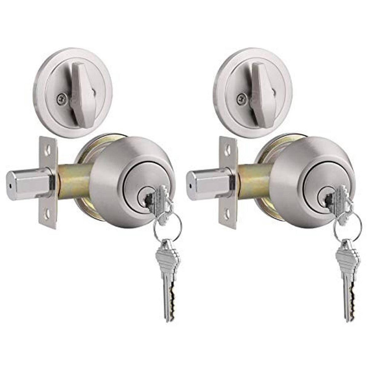 Satin nickel single-cylinder deadbolts, two-pack, shown with keys and mounting plates