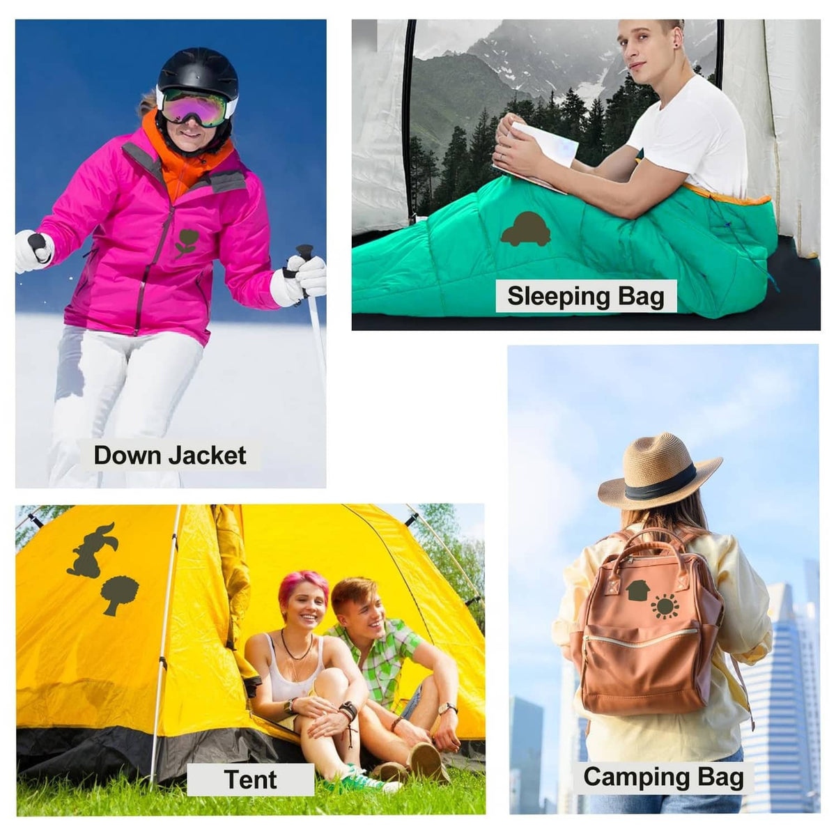 Winter down jacket shown in snowy and camping collage with outdoor gear