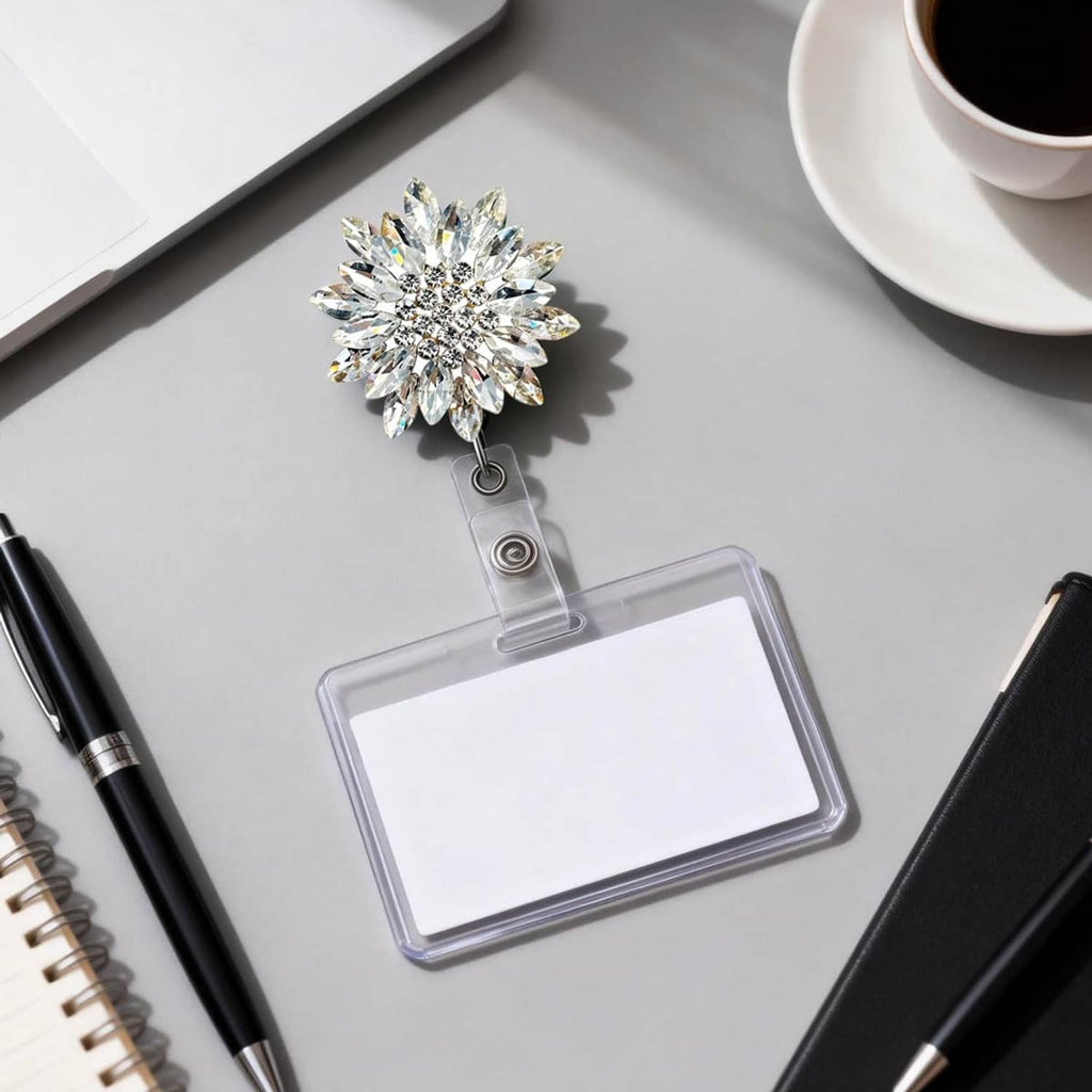 Crystal flower badge reel attached to clear ID holder card