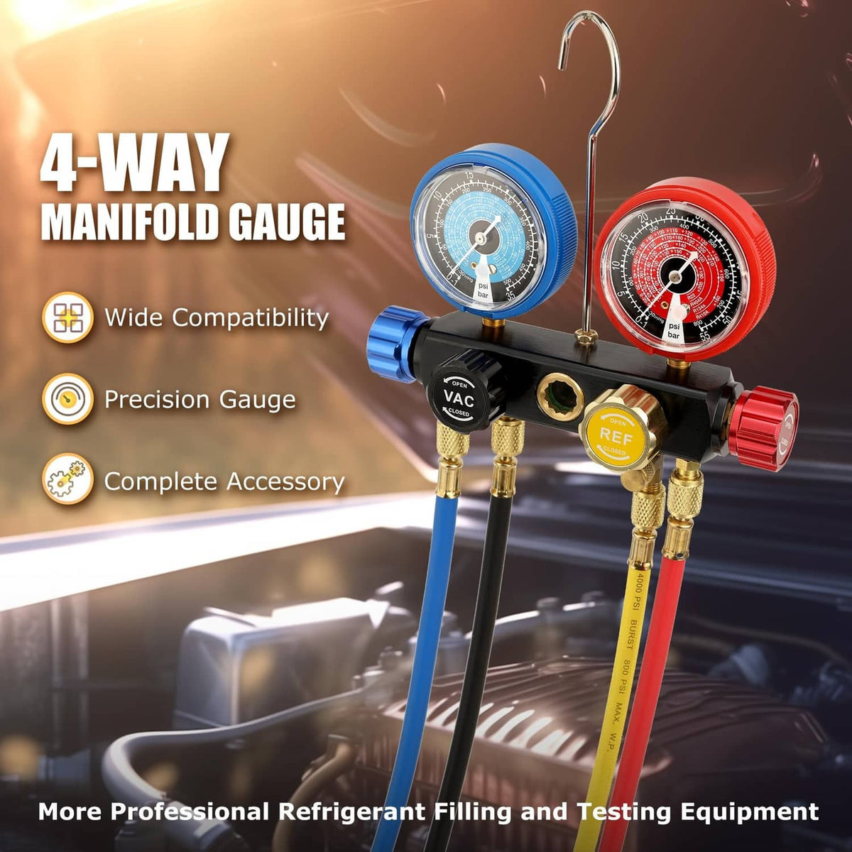 AC manifold gauge set with blue and red pressure gauges, gold fittings, and color hoses
