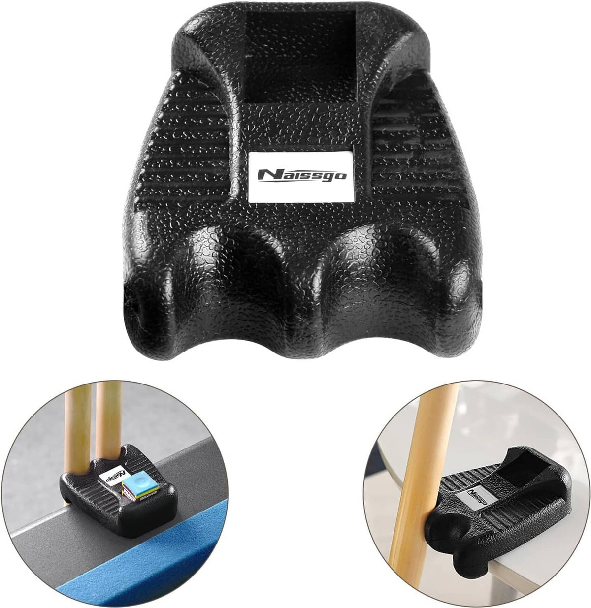 Black rubber cue holder with textured grip and label, shown from front angle