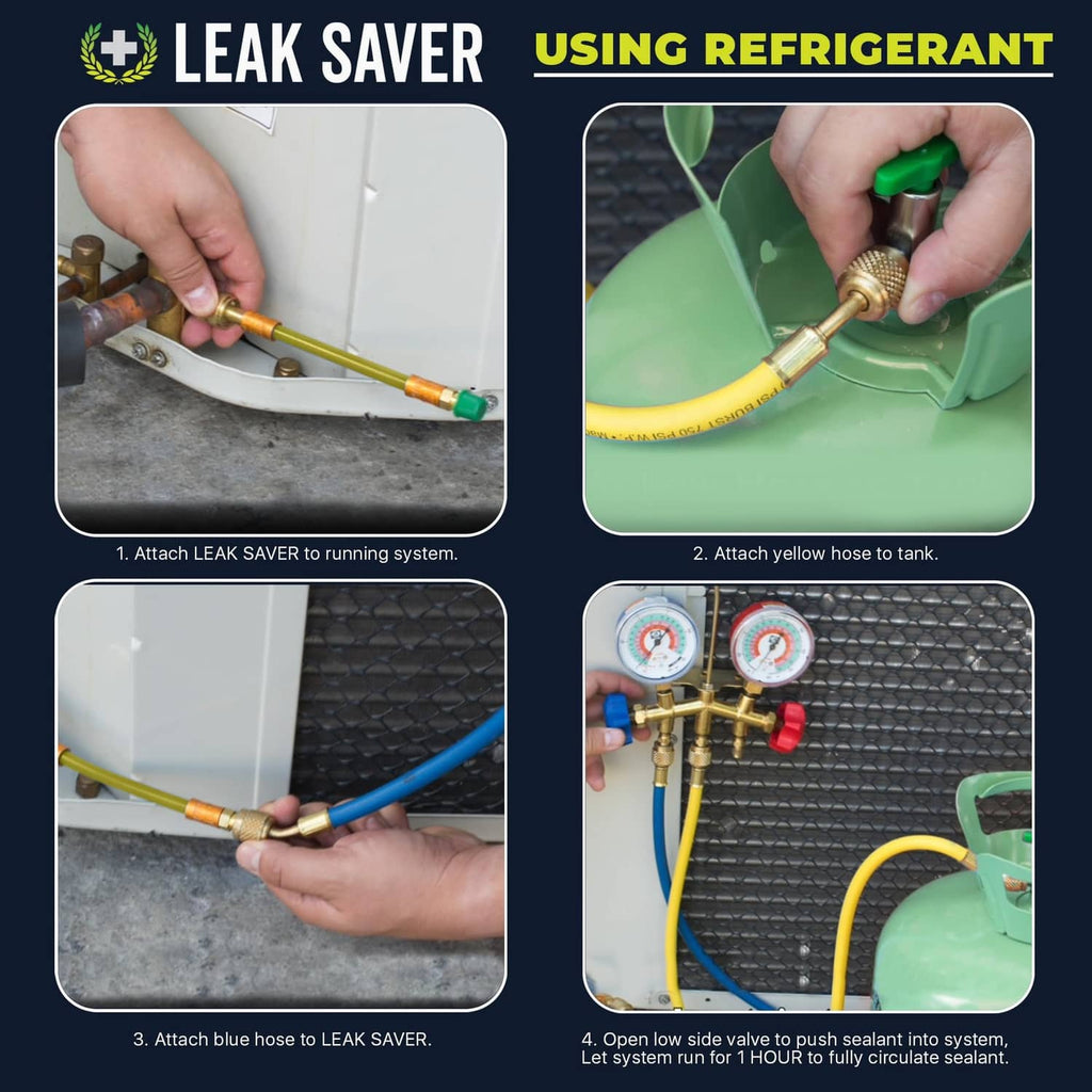 Leak Saver using refrigerant steps infographic with hoses, gauges, and tank